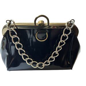 Dover Purse Frame Bag Black Patent Leather Chain With Gold Clasp & Hardware 1950
